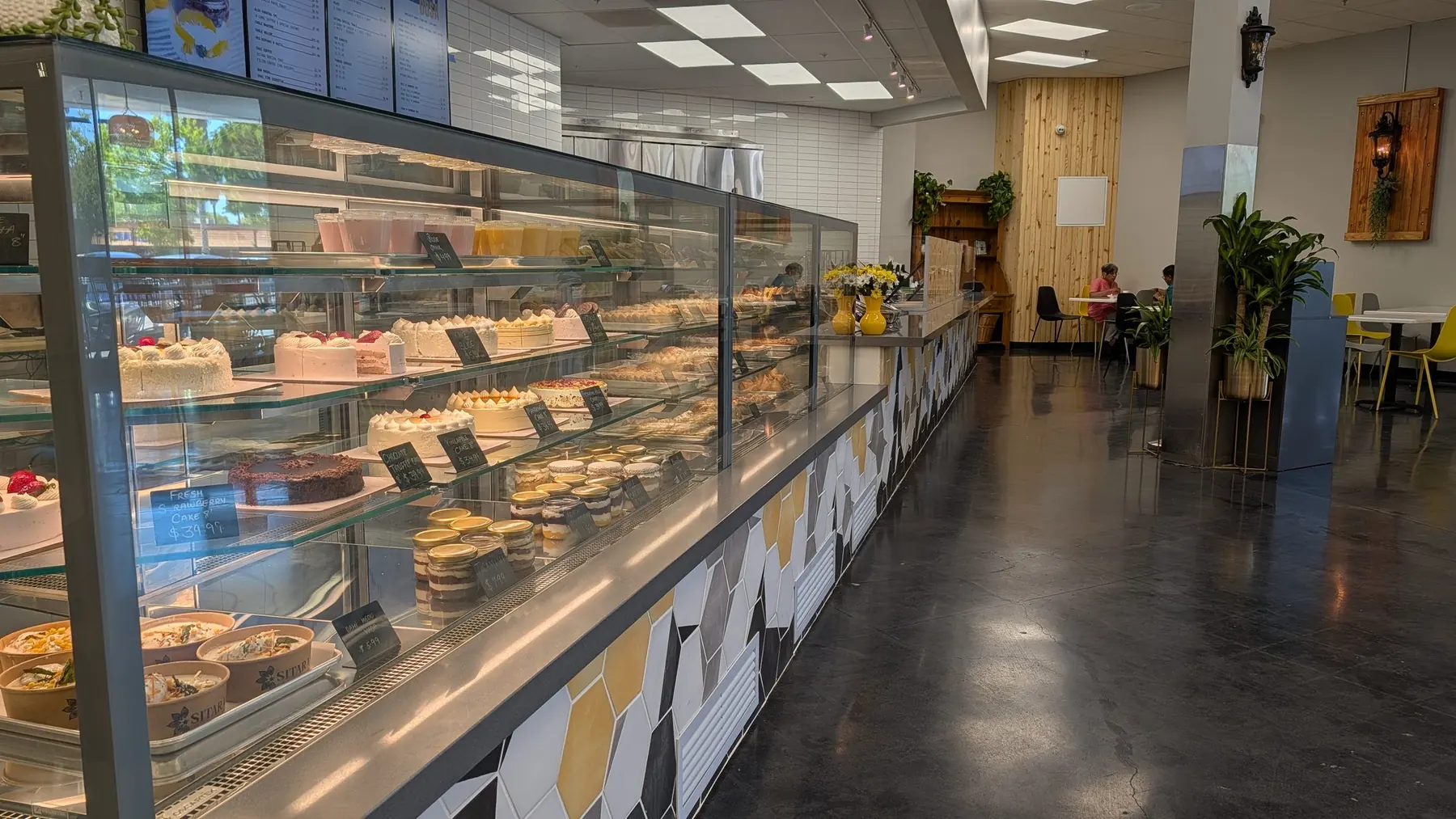 The cake and pastry case at Sitara's eggless bakery